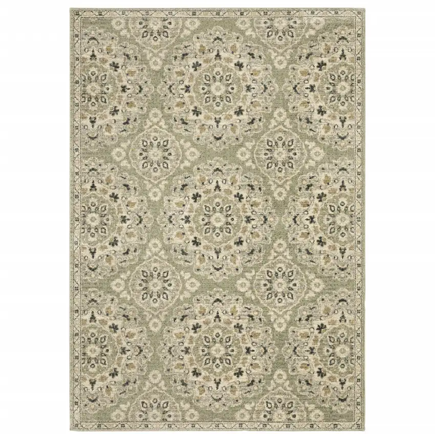 Green Ivory Grey And Tan Floral Power Loom Stain Resistant Area Rug Photo 1