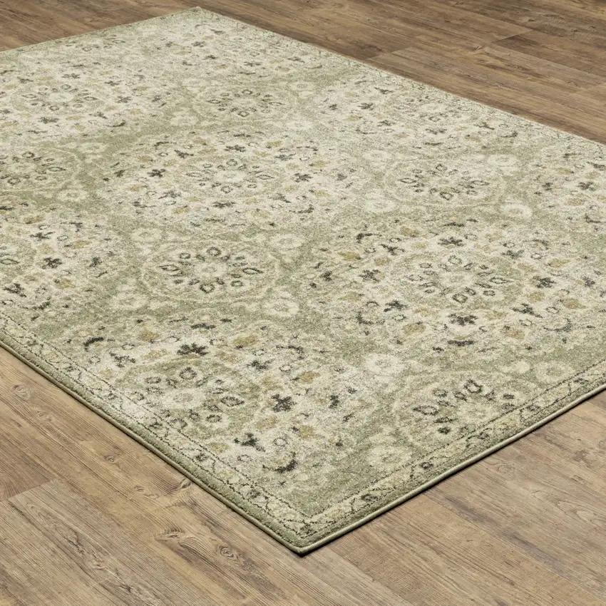 Green Ivory Grey And Tan Floral Power Loom Stain Resistant Area Rug Photo 6