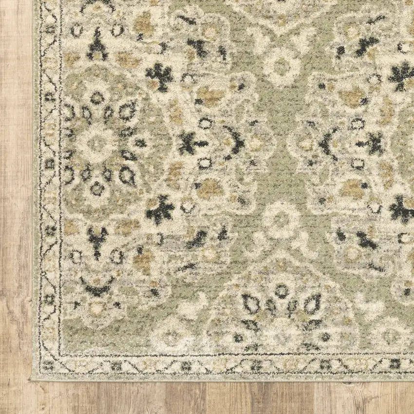 2' X 8' Green Ivory Grey And Tan Floral Power Loom Stain Resistant Runner Rug Photo 4