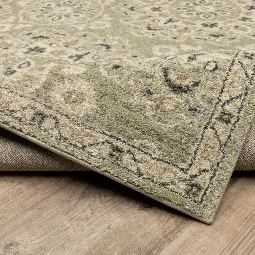 Green Ivory Grey And Tan Floral Power Loom Stain Resistant Runner Rug Photo 8