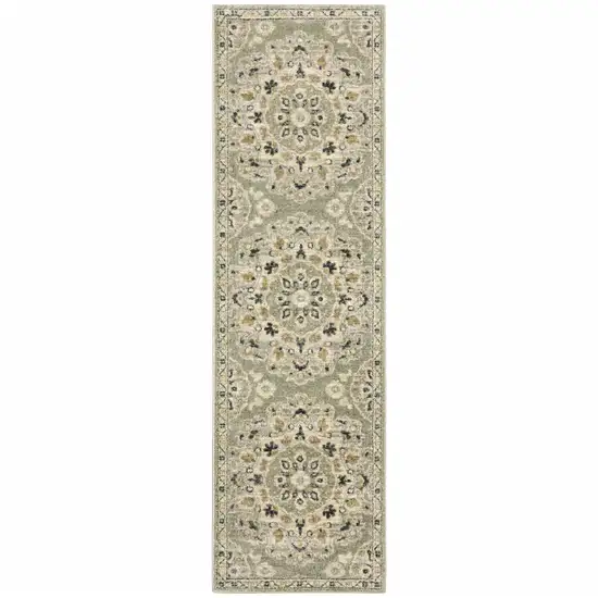 2' X 8' Green Ivory Grey And Tan Floral Power Loom Stain Resistant Runner Rug Photo 2