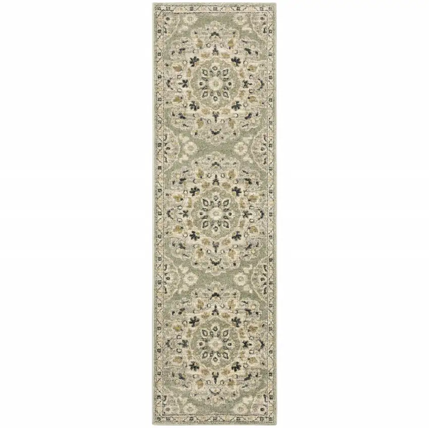 2' X 8' Green Ivory Grey And Tan Floral Power Loom Stain Resistant Runner Rug Photo 2