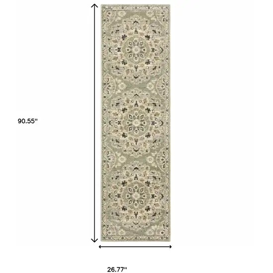 2' X 8' Green Ivory Grey And Tan Floral Power Loom Stain Resistant Runner Rug Photo 3
