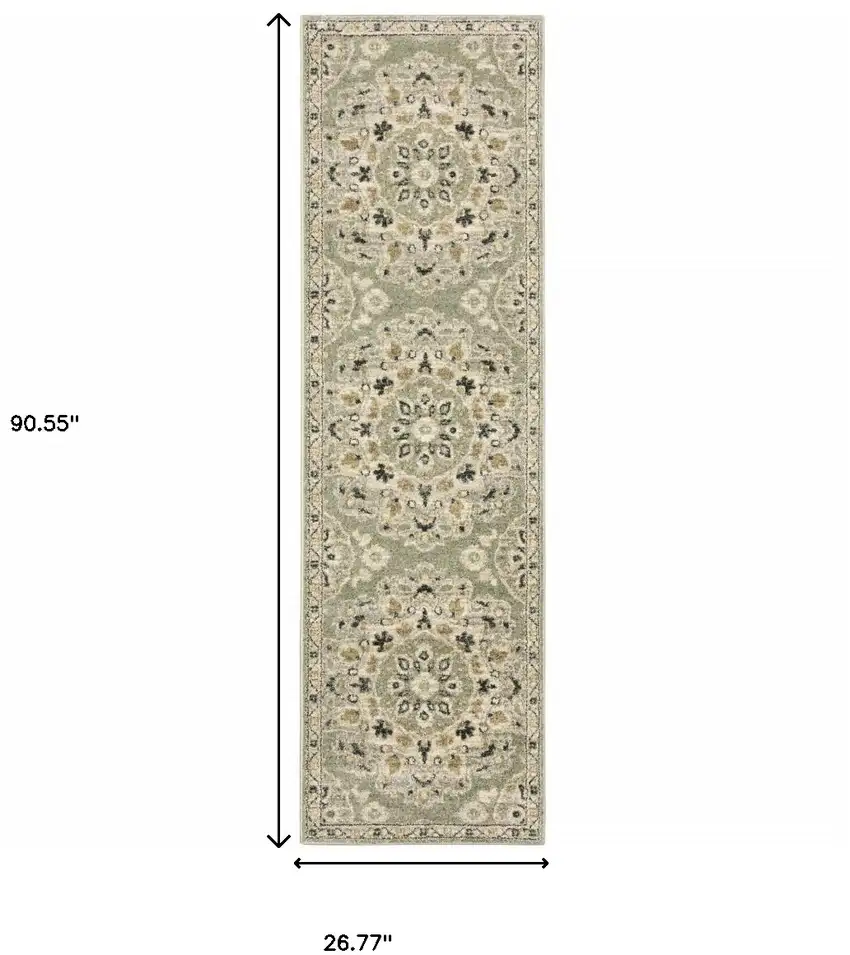 2' X 8' Green Ivory Grey And Tan Floral Power Loom Stain Resistant Runner Rug Photo 3