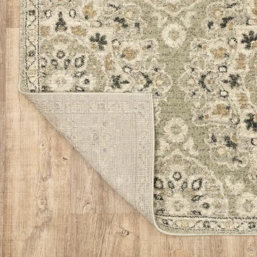 Green Ivory Grey And Tan Floral Power Loom Stain Resistant Runner Rug Photo 7