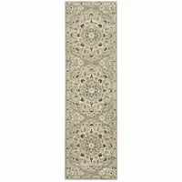 Photo of Green Ivory Grey And Tan Floral Power Loom Stain Resistant Runner Rug