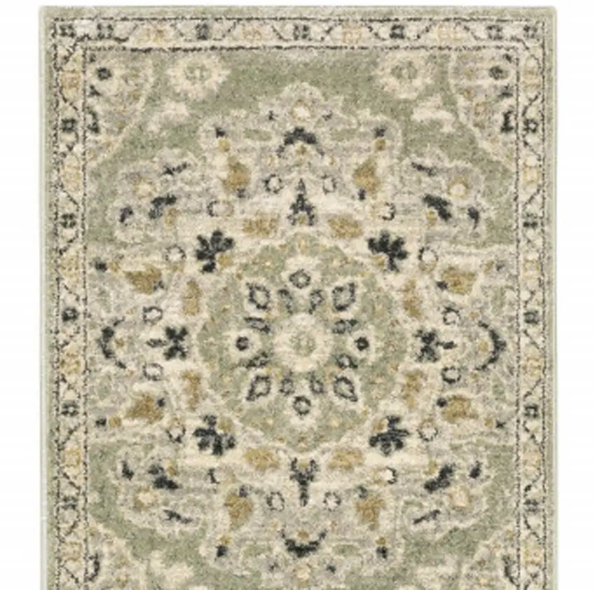 2' X 8' Green Ivory Grey And Tan Floral Power Loom Stain Resistant Runner Rug Photo 6
