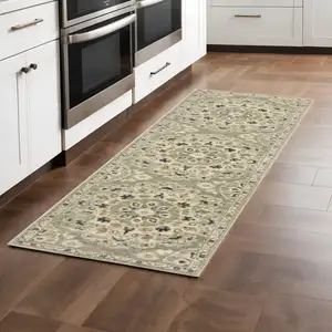 Photo of Green Ivory Grey And Tan Floral Power Loom Stain Resistant Runner Rug