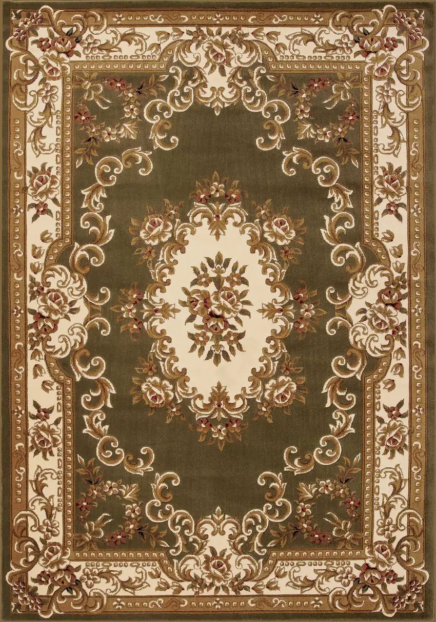2'X3' Green Ivory Machine Woven Hand Carved Floral Medallion Indoor Accent Rug Photo 5