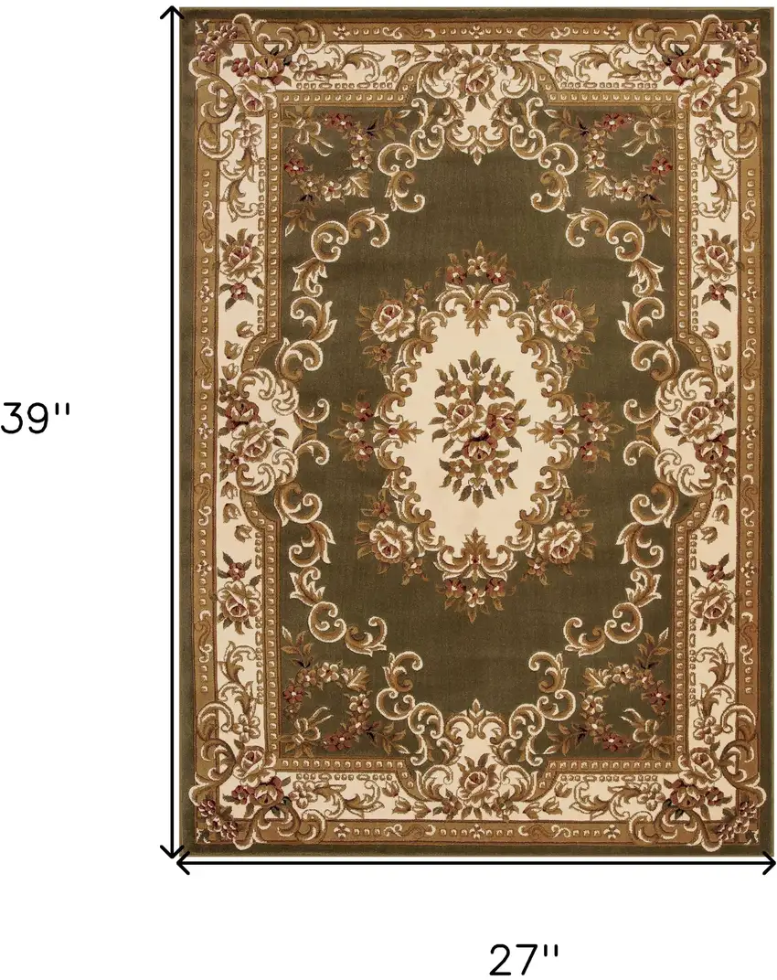 2'X3' Green Ivory Machine Woven Hand Carved Floral Medallion Indoor Accent Rug Photo 7