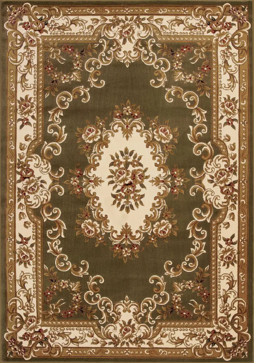 Green Ivory Machine Woven Hand Carved Floral Medallion Indoor Area Rug Photo 1