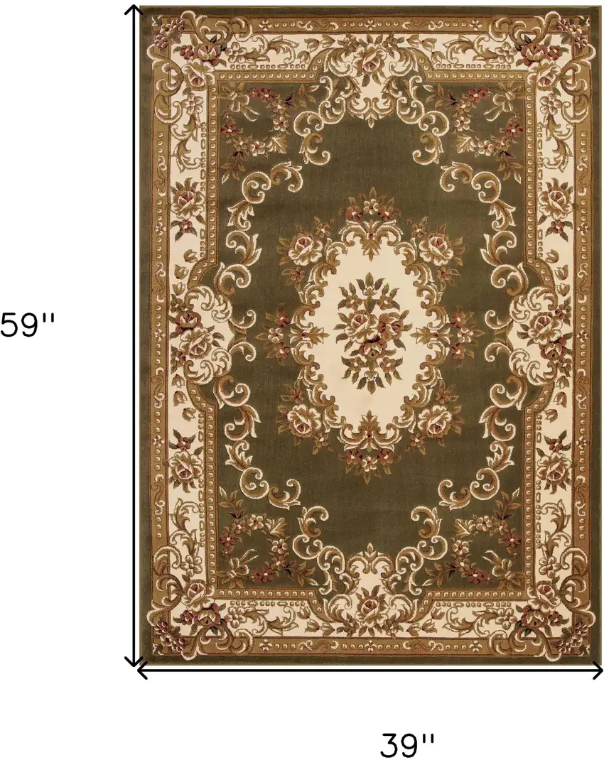 3'X5' Green Ivory Machine Woven Hand Carved Floral Medallion Indoor Area Rug Photo 8