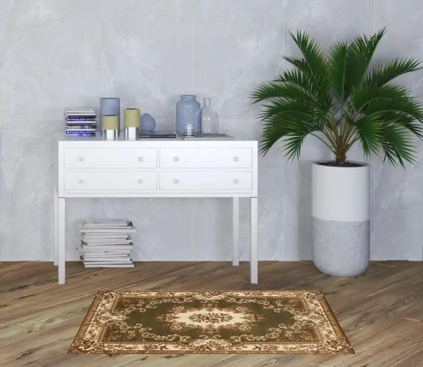 3'X5' Green Ivory Machine Woven Hand Carved Floral Medallion Indoor Area Rug Photo 2