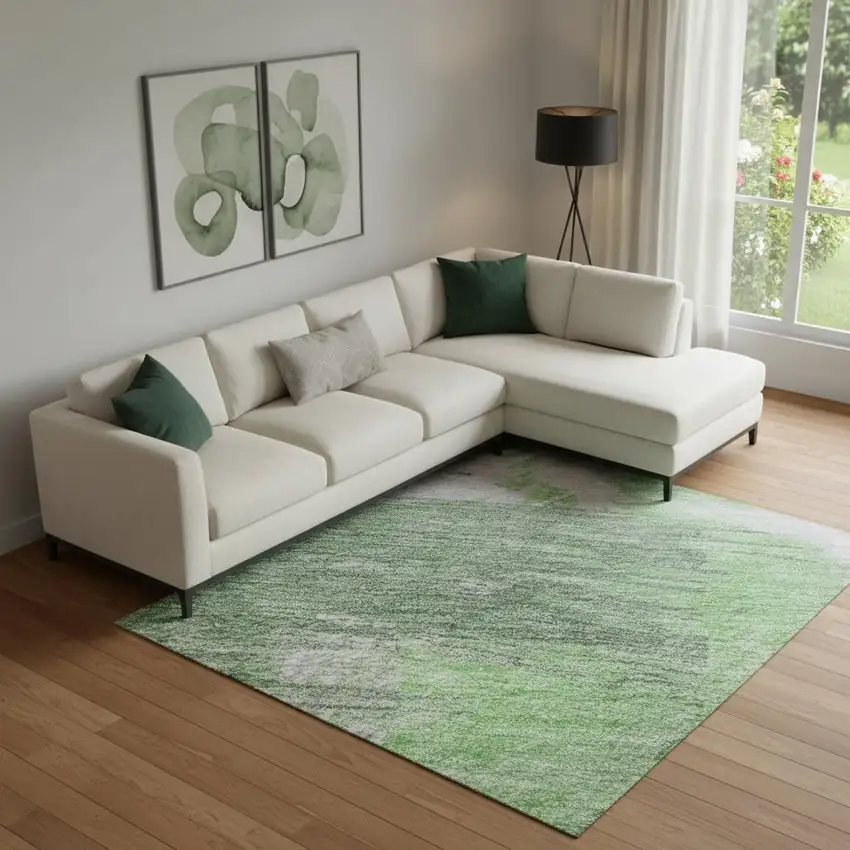 Green Lavender And Ivory Abstract Washable Area Rug With UV Protection Photo 2