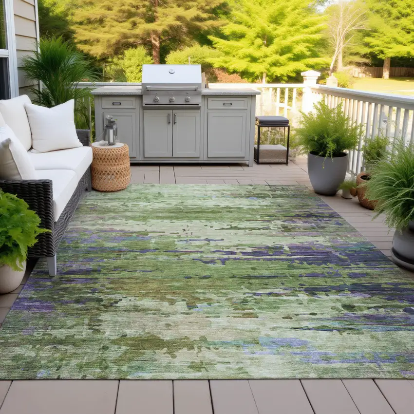 Green Lavender And Purple Abstract Washable Indoor Outdoor Area Rug Photo 3