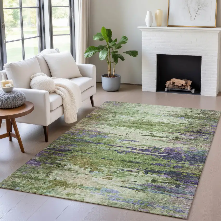 Green Lavender And Purple Abstract Washable Indoor Outdoor Area Rug Photo 5