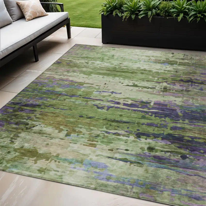 Green Lavender And Purple Abstract Washable Indoor Outdoor Area Rug Photo 2