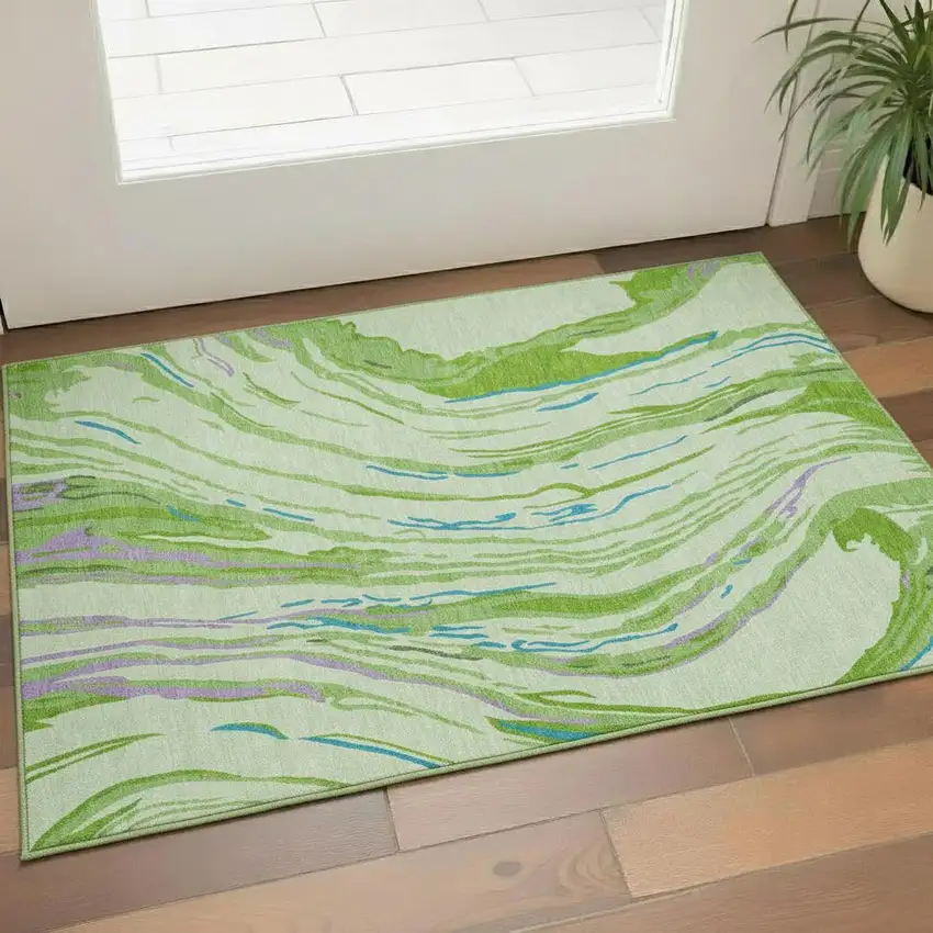 Green Lavender And Teal Abstract Washable Area Rug With UV Protection Photo 2