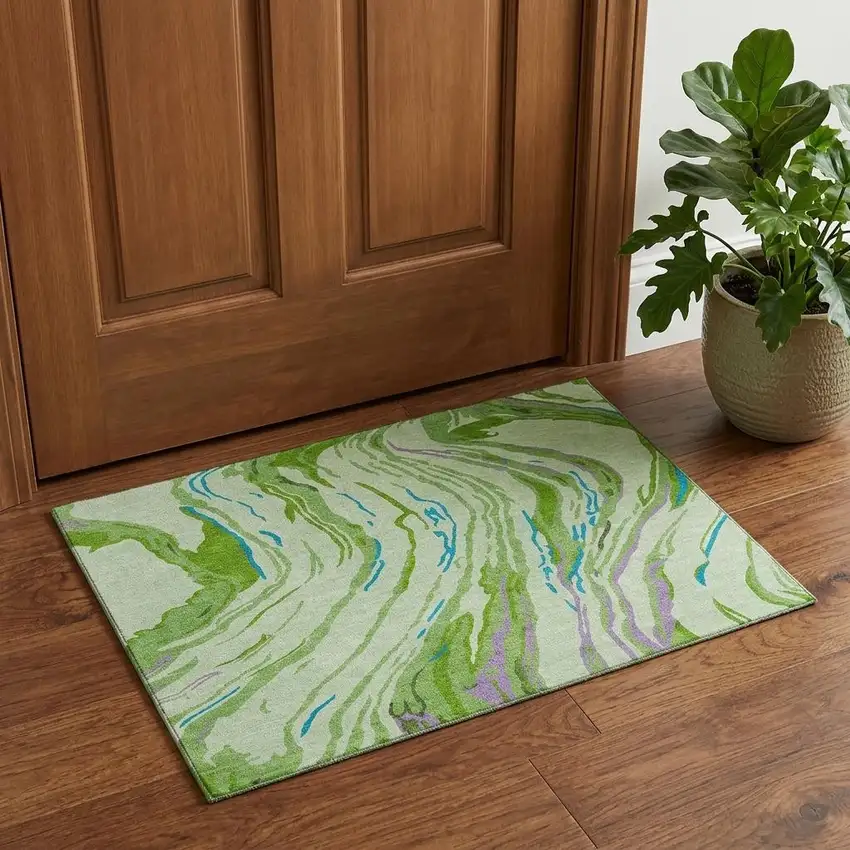 Green Lavender And Teal Abstract Washable Area Rug With UV Protection Photo 1