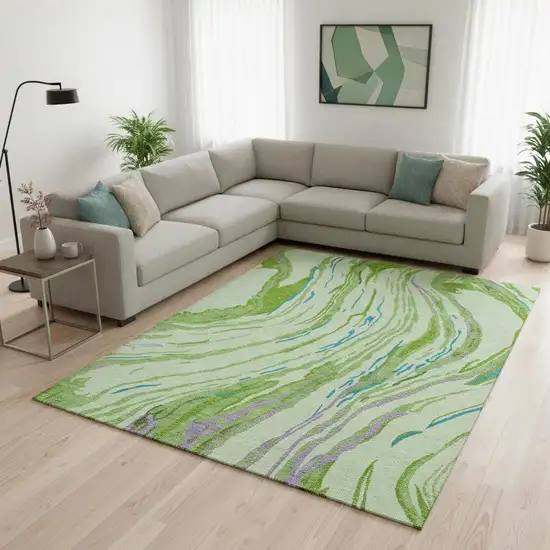 Green Lavender And Teal Abstract Washable Area Rug With UV Protection Photo 2