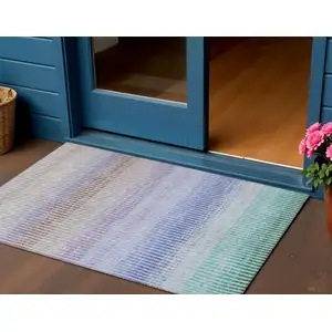 Photo of Green Lavender And Teal Blue Striped Washable Indoor Outdoor Area Rug