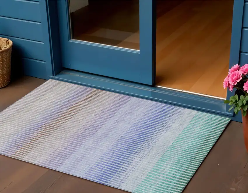 Green Lavender And Teal Blue Striped Washable Indoor Outdoor Area Rug Photo 1