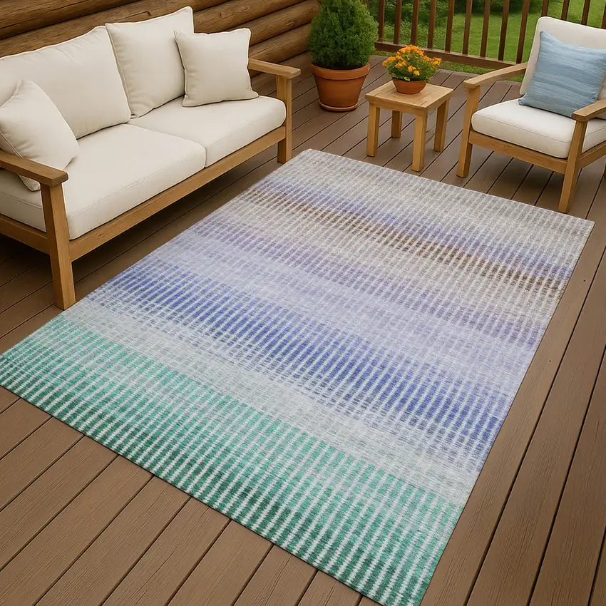 Green Lavender And Teal Blue Striped Washable Indoor Outdoor Area Rug Photo 9