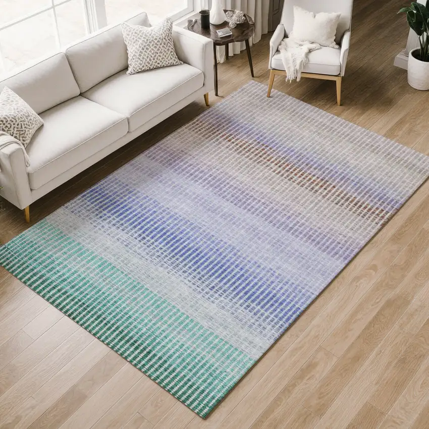 Green Lavender And Teal Blue Striped Washable Indoor Outdoor Area Rug Photo 7