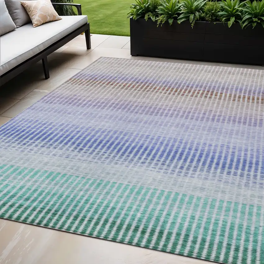 Green Lavender And Teal Blue Striped Washable Indoor Outdoor Area Rug Photo 1