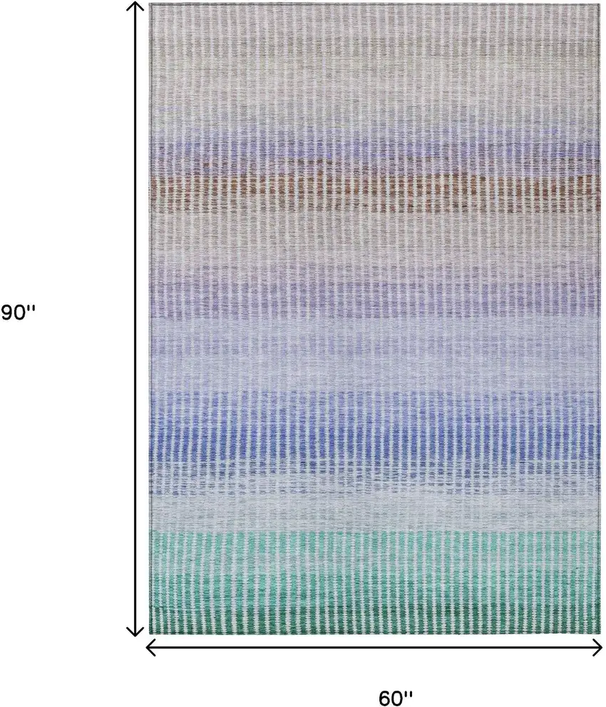 Green Lavender And Teal Blue Striped Washable Indoor Outdoor Area Rug Photo 3