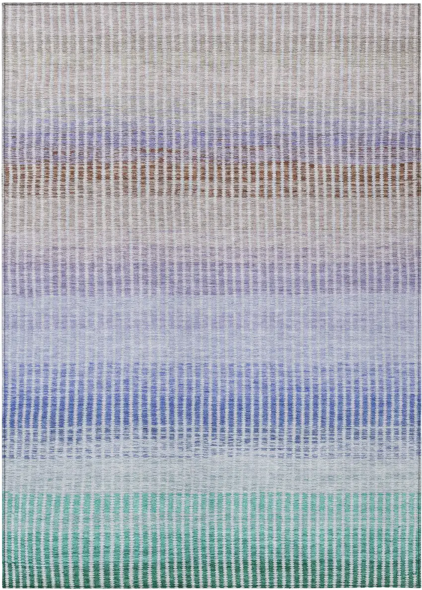 Green Lavender And Teal Blue Striped Washable Indoor Outdoor Area Rug Photo 2