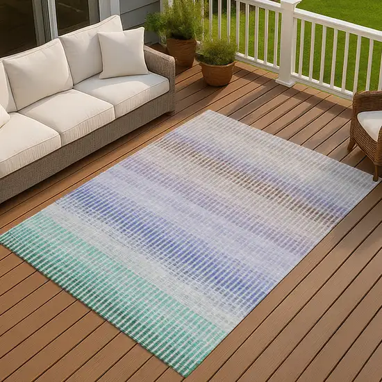 Green Lavender And Teal Blue Striped Washable Indoor Outdoor Area Rug Photo 7