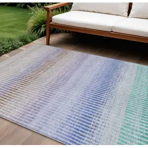 Photo of Green Lavender And Teal Blue Striped Washable Indoor Outdoor Area Rug