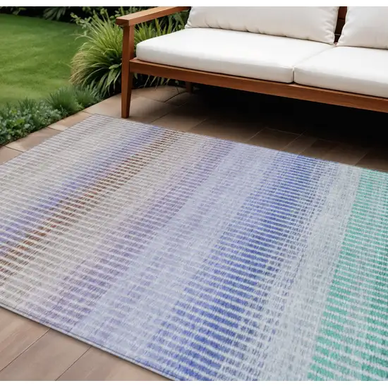 Green Lavender And Teal Blue Striped Washable Indoor Outdoor Area Rug Photo 1