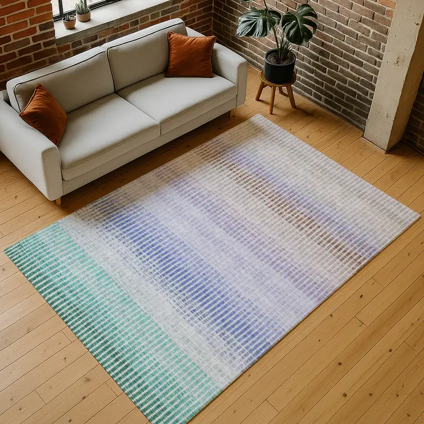 Green Lavender And Teal Blue Striped Washable Indoor Outdoor Area Rug Photo 9