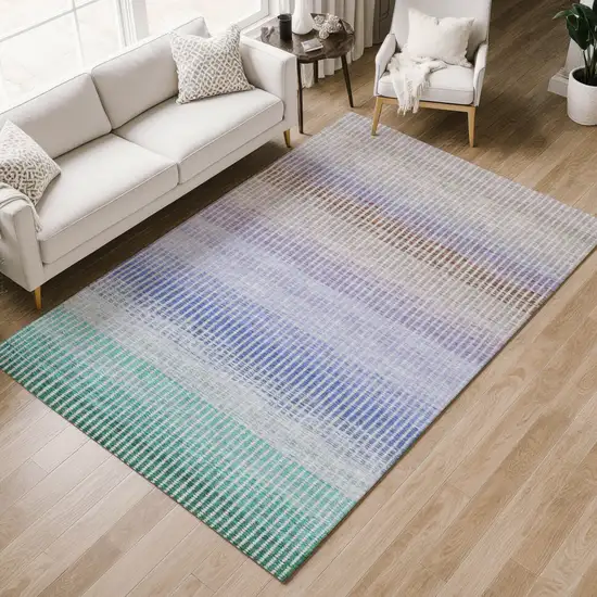 Green Lavender And Teal Blue Striped Washable Indoor Outdoor Area Rug Photo 7