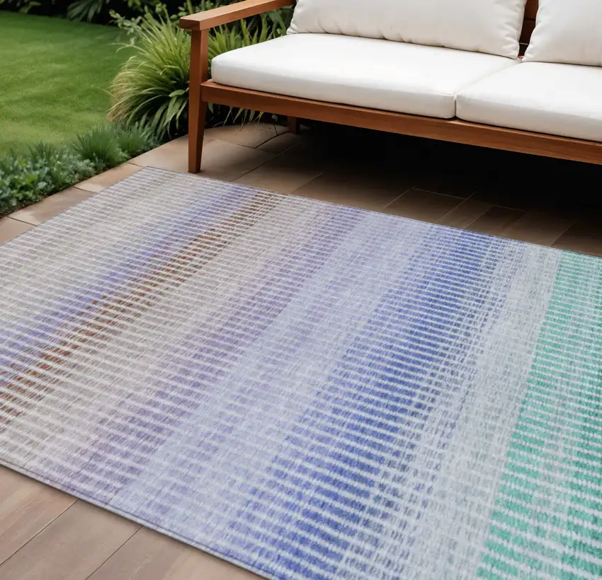 Green Lavender And Teal Blue Striped Washable Indoor Outdoor Area Rug Photo 1