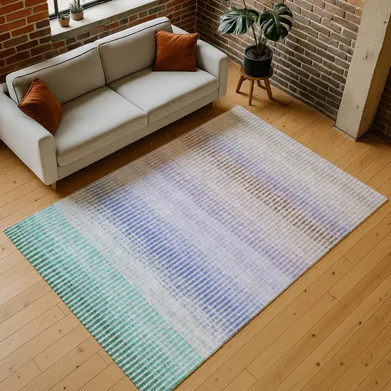 Green Lavender And Teal Blue Striped Washable Indoor Outdoor Area Rug Photo 8