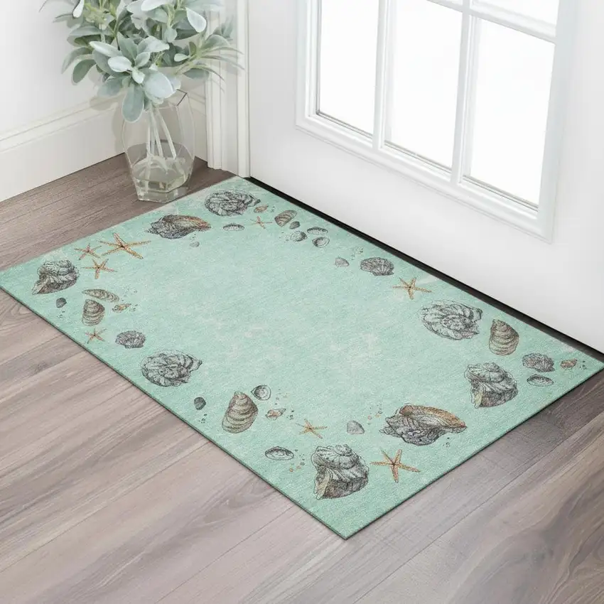 Green Light Blue And Beige Geometric Washable Area Rug With UV Protection Photo 1