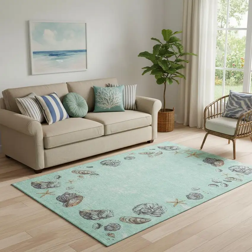 Green Light Blue And Beige Geometric Washable Area Rug With UV Protection Photo 1