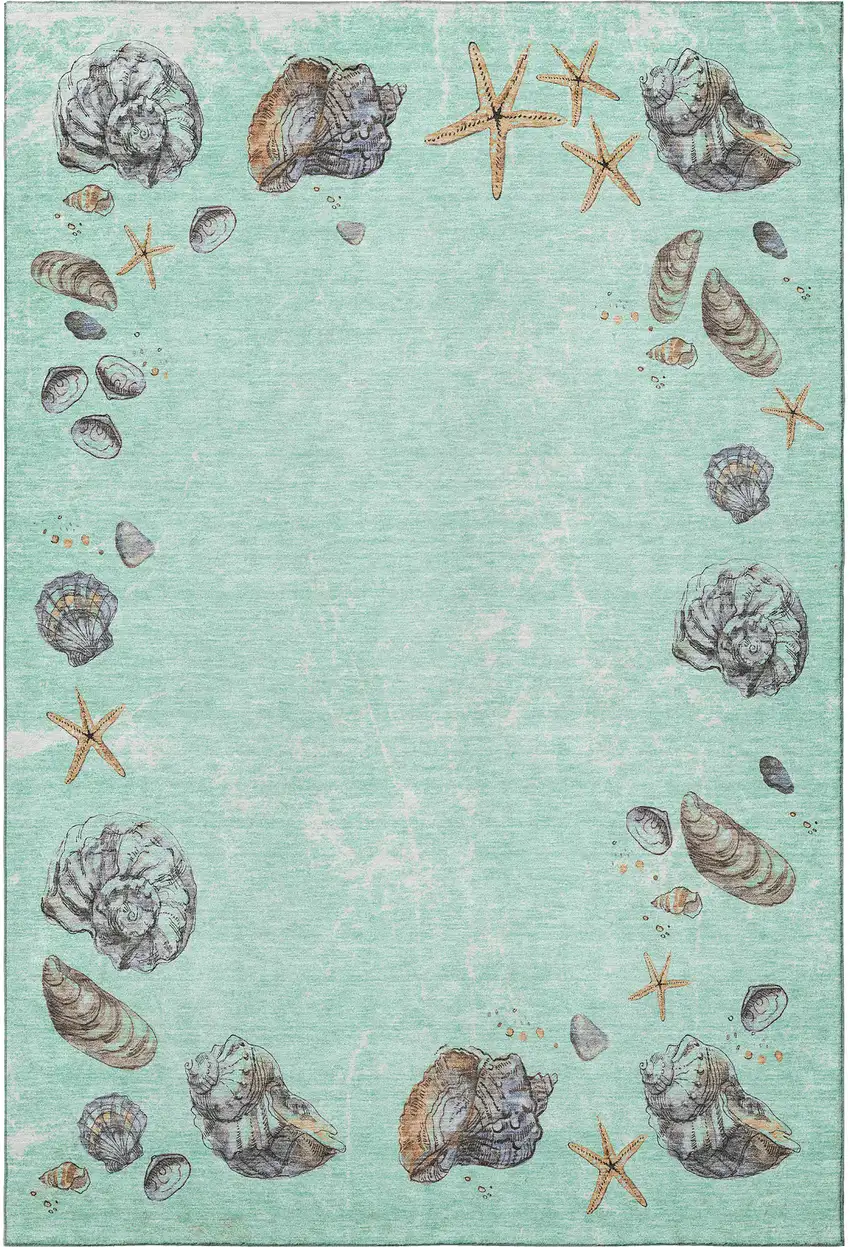 Green Light Blue And Beige Geometric Washable Area Rug With UV Protection Photo 4