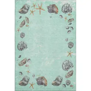 Photo of Green Light Blue And Beige Geometric Washable Area Rug With UV Protection