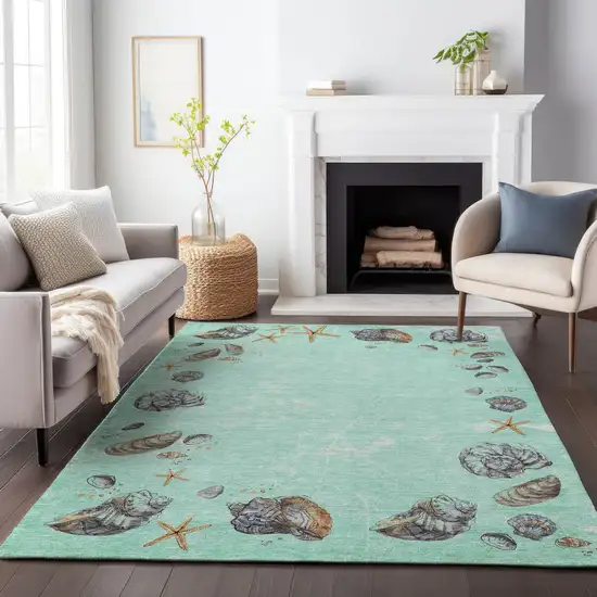 Green Light Blue And Beige Geometric Washable Area Rug With UV Protection Photo 6