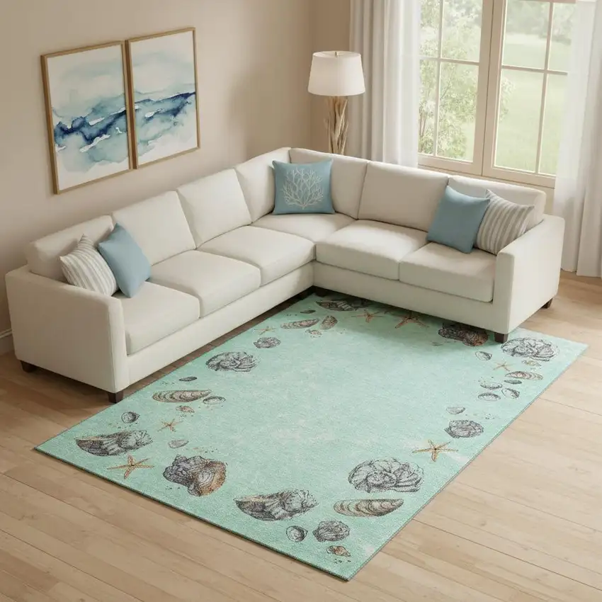 Green Light Blue And Beige Geometric Washable Area Rug With UV Protection Photo 1