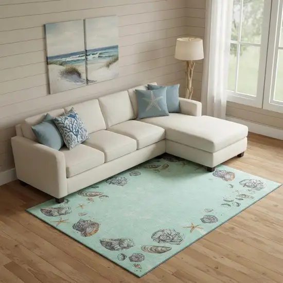 Green Light Blue And Beige Geometric Washable Area Rug With UV Protection Photo 1