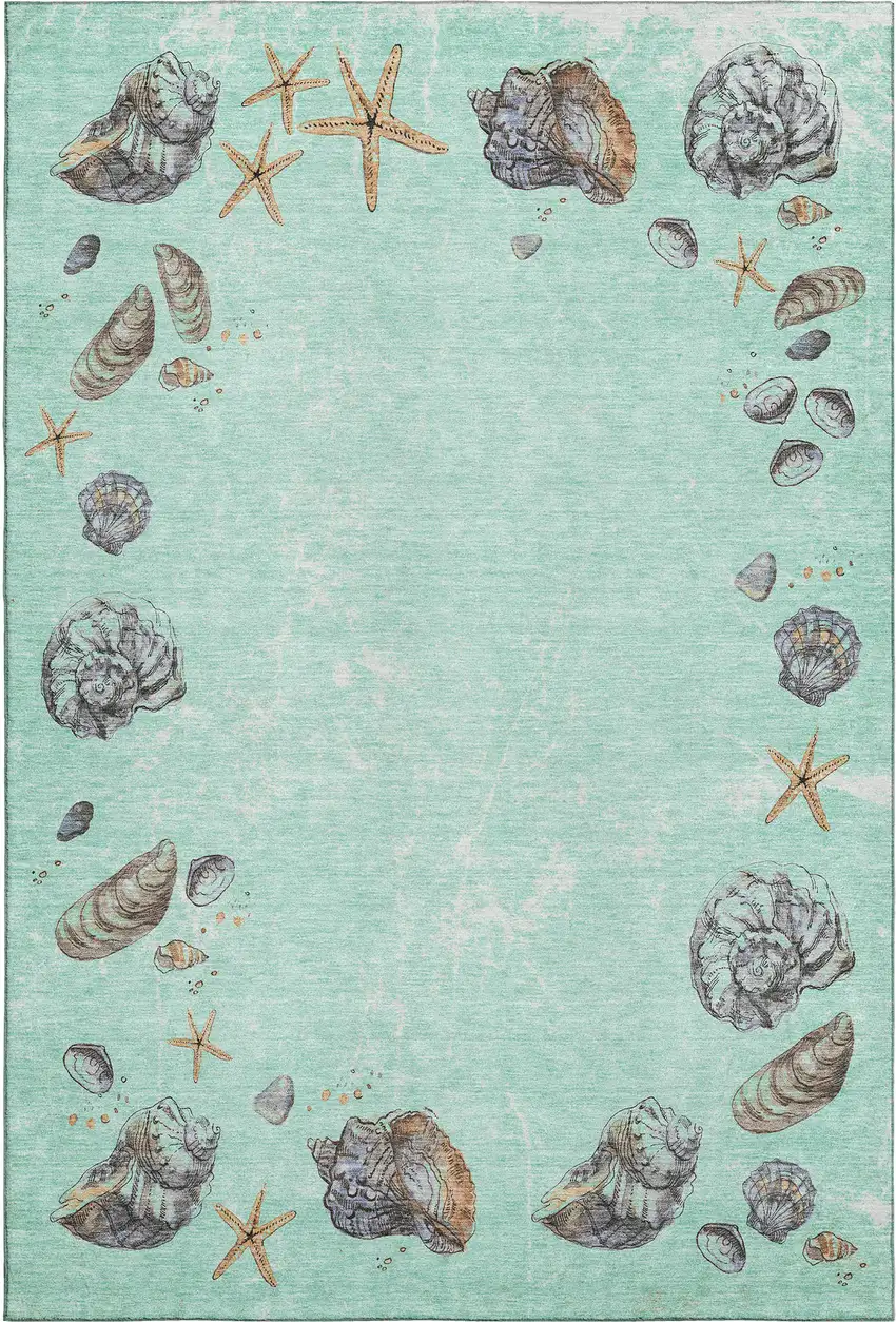 Green Light Blue And Beige Geometric Washable Area Rug With UV Protection Photo 1