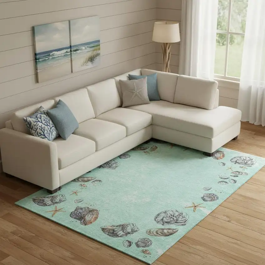 Green Light Blue And Beige Geometric Washable Area Rug With UV Protection Photo 1