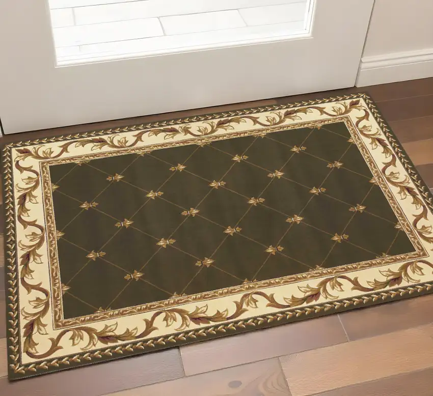 Dark Green And Ivory Floral Medallion Area Rug Photo 1