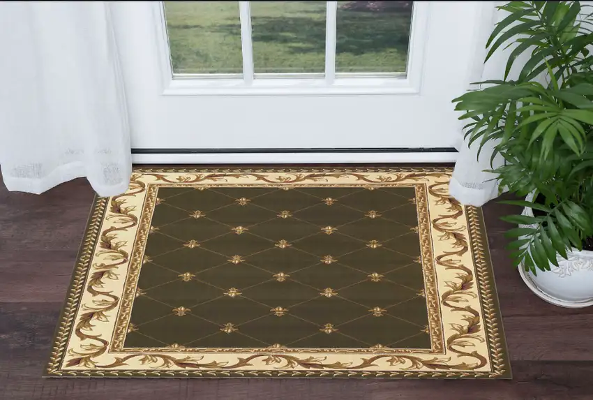 3'X5' Green Machine Woven Hand Carved Fleur De Lis Indoor Area Rug Photo 1