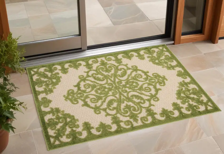 Green Damask Indoor Outdoor Area Rug Photo 1